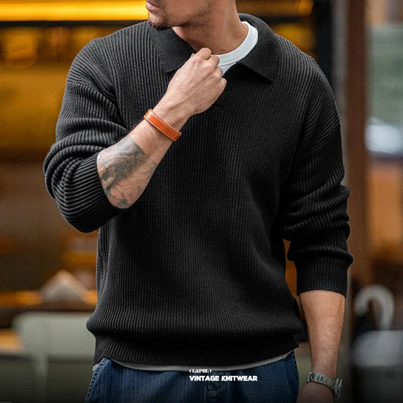Maden Vintage Crew Neck Sweater Loose Vertical Strip Winter Basic Pullovers for Male Casual Retro Knitwear Lapel Soft Warm