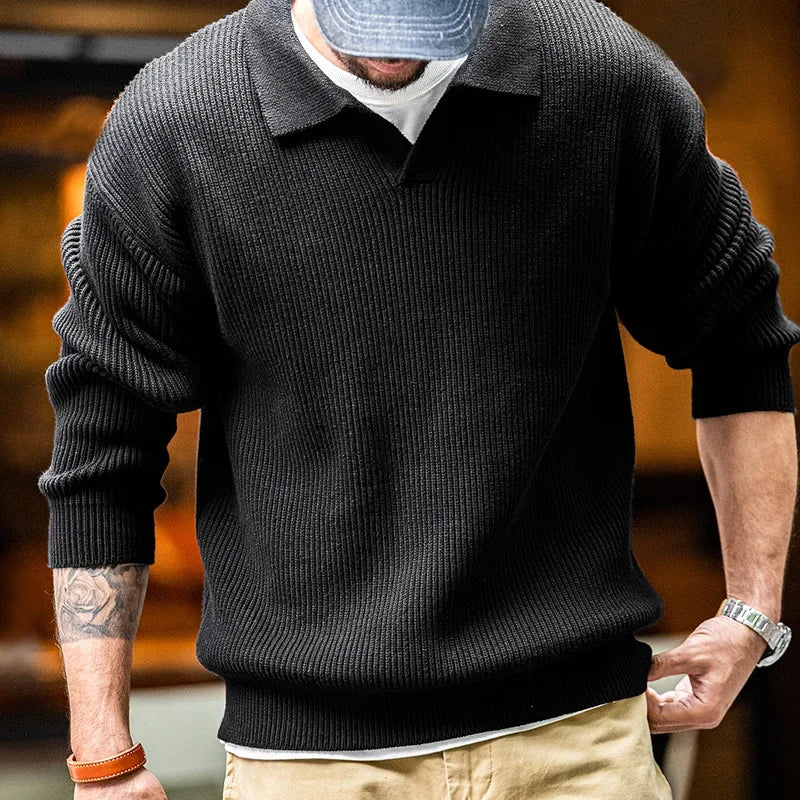 Maden Vintage Crew Neck Sweater Loose Vertical Strip Winter Basic Pullovers for Male Casual Retro Knitwear Lapel Soft Warm