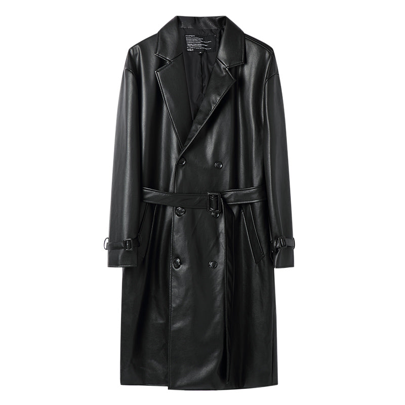 Men's Black Leather Fleece Lined Trench Coat