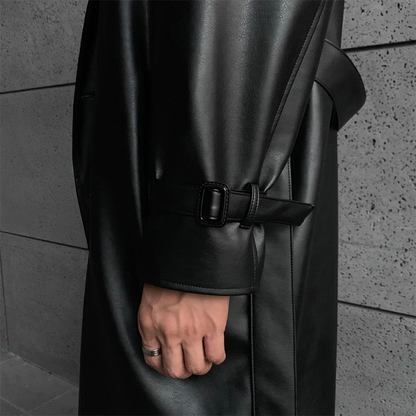 Men's Black Leather Fleece Lined Trench Coat