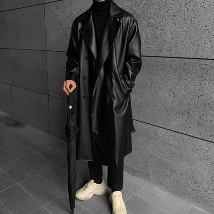 Men's Black Leather Fleece Lined Trench Coat