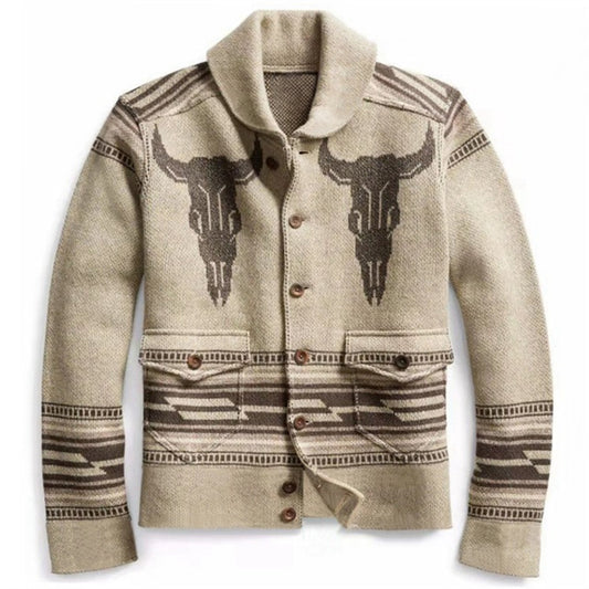 Casual Fashion Vintage Jacquard Knitted Jacket Long-sleeved Lapel Button Sweater Men
