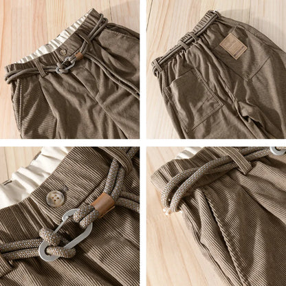 2023 Autumn New Men's Vintage Corduroy Cargo Pants Casual Loose Simple Drawstring Soft Street Trousers F7625