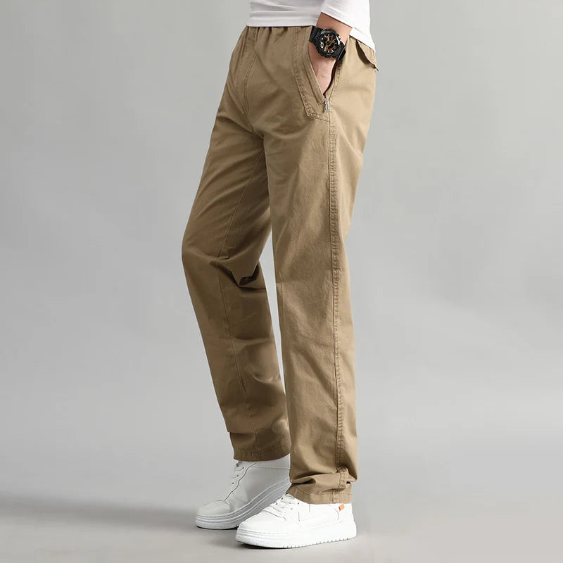 Men Casual Cargo Pants Four Seasons Cotton Men Trousers Multi Zipper Pockets Loose Straight Jogging Pants Middle Aged Men 6XL