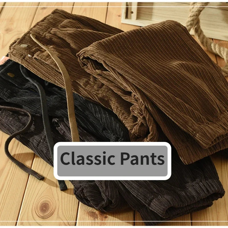 2023 Autumn Winter New Vintage Corduroy 100% Cotton Pants Men Clothing Casual Loose Straight Daily Trousers C3565